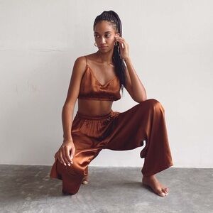 bahhgoose real silk set cami crop tie top with wide leg pants coco brown